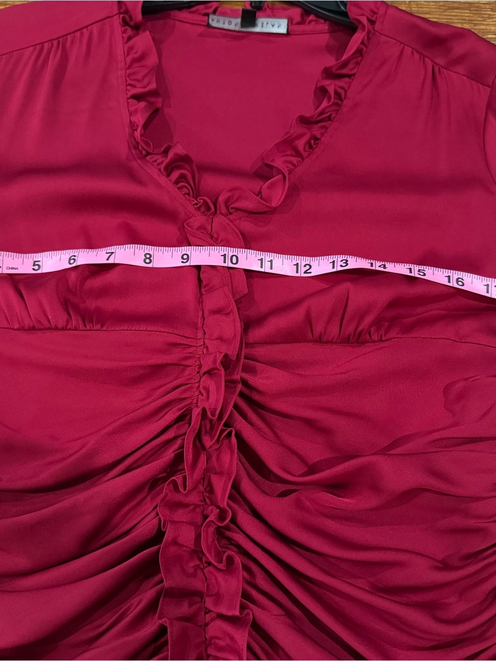 Silk ANTONIO MELANI Ruby Red Ruffled Ruched V-Neck Blouse - Picture 9 of 10